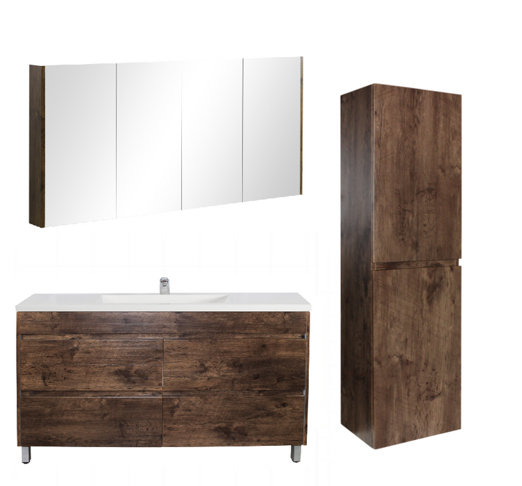 1500mm Dark Oak Qubist MDF Single Bowl Freestanding With Legs Vanity With Ceramic Top With Shaving Cabinet and Tall Boy