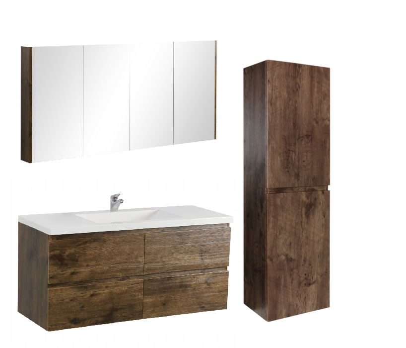 1500mm Dark Oak Qubist MDF Single Bowl Wall Hung Vanity With Ceramic Top With Shaving Cabinet and Tall Boy