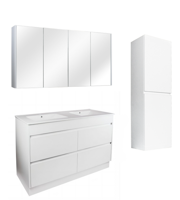 1500mm Matte White Qubist MDF Double Bowl Freestanding With Kickboard Vanity With Ceramic Top With Shaving Cabinet and Tall Boy