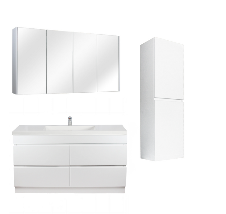 1500mm Matte White Qubist MDF Single Bowl Freestanding With Kickboard Vanity With Ceramic Top With Shaving Cabinet and Tall Boy
