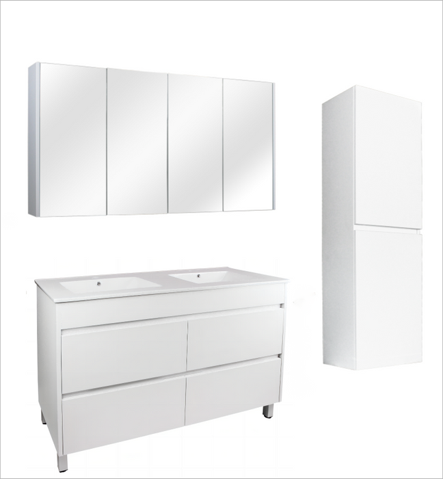 1500mm Matte White Qubist MDF Double Bowl Freestanding With Legs Vanity With Ceramic Top With Shaving Cabinet and Tall Boy