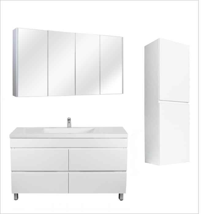 1500mm Matte White Qubist MDF Single Bowl Freestanding With Legs Vanity With Ceramic Top With Shaving Cabinet and Tall Boy