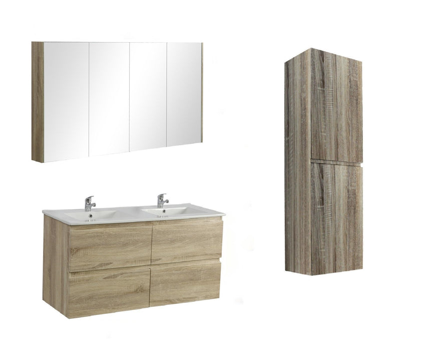 1500mm White Oak Qubist MDF Double Bowl Wall Hung Vanity With Ceramic Top With Shaving Cabinet and Tall Boy
