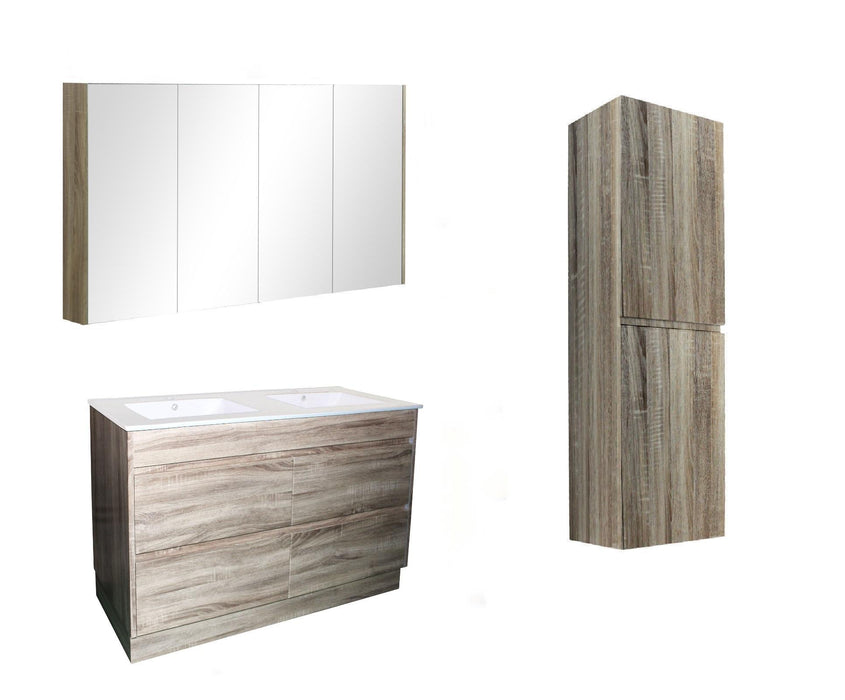 1500mm White Oak Qubist MDF Double Bowl Freestanding With Kickboard Vanity With Ceramic Top With Shaving Cabinet and Tall Boy
