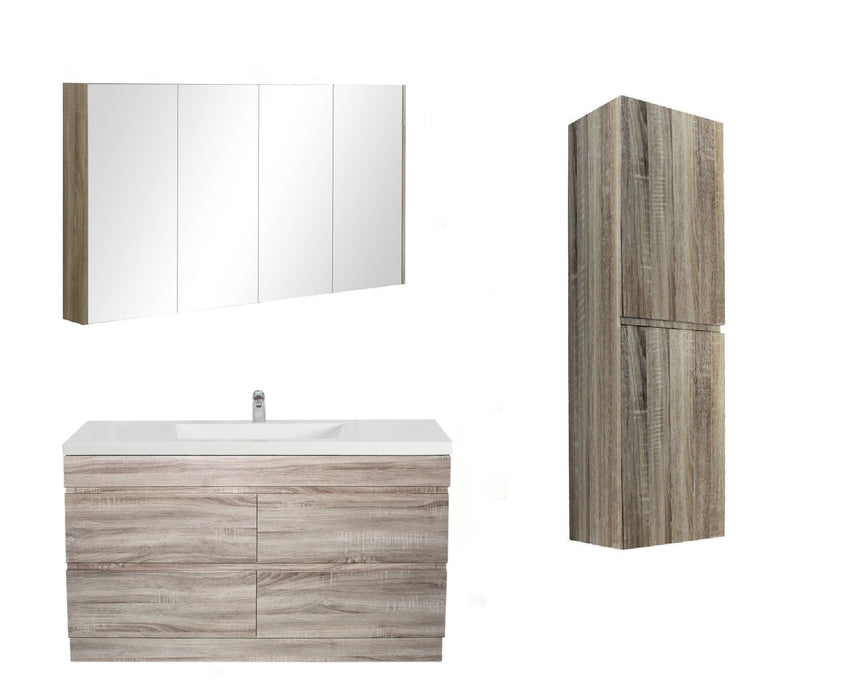 1500mm White Oak Qubist MDF Single Bowl Freestanding With Kickboard Vanity With Ceramic Top With Shaving Cabinet and Tall Boy