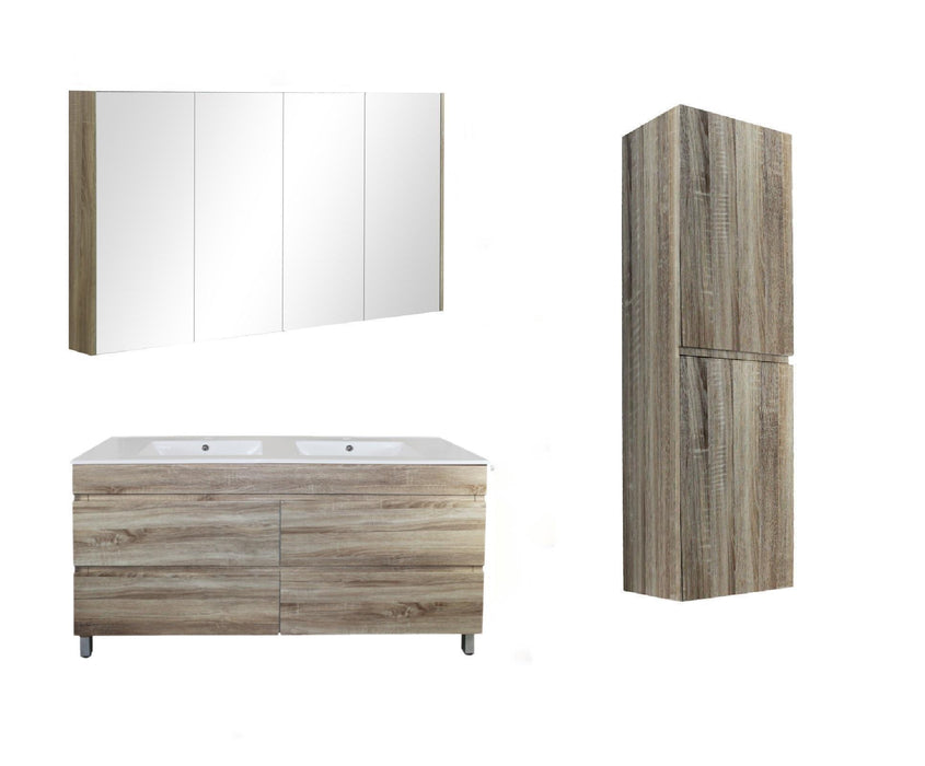 1500mm White Oak Qubist MDF Double Bowl Freestanding With Legs Vanity With Ceramic Top With Shaving Cabinet and Tall Boy