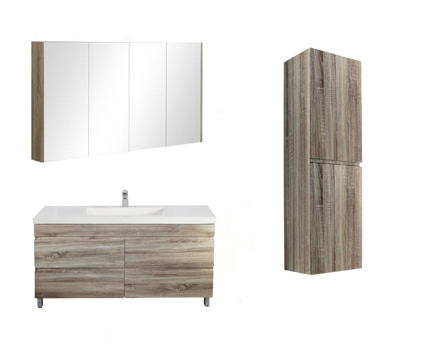 1500mm White Oak Qubist MDF Single Bowl Freestanding With Legs Vanity With Ceramic Top With Shaving Cabinet and Tall Boy