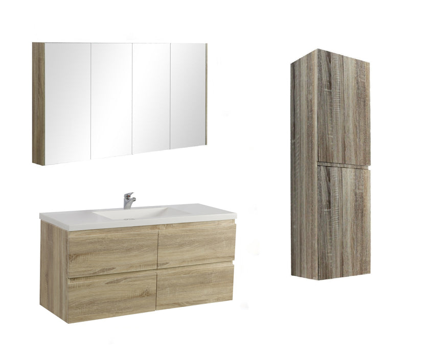 1500mm White Oak Qubist MDF Single Bowl Wall Hung Vanity With Ceramic Top With Shaving Cabinet and Tall Boy