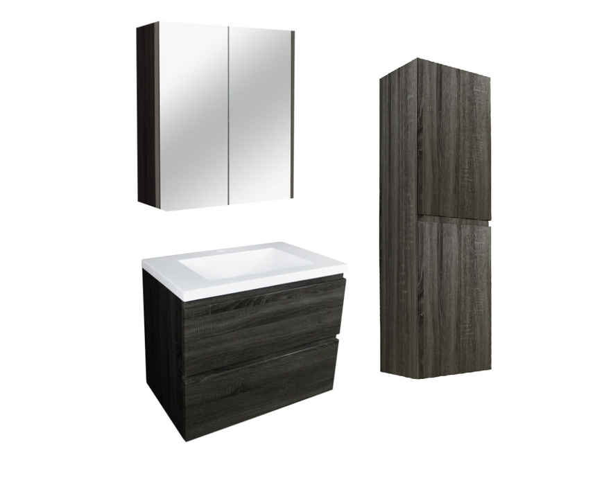 750mm Dark Grey Qubist MDF Wall Hung Vanity With Ceramic Top With Shaving Cabinet and Tall Boy