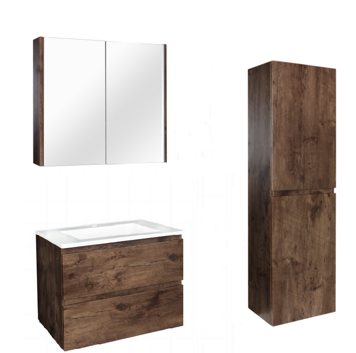 900mm Dark Oak Qubist MDF Wall Hung Vanity With Ceramic Top With Shaving Cabinet and Tall Boy