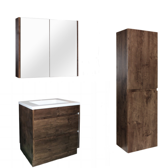 900mm Dark Oak Qubist MDF Freestanding With Kickboard Vanity With Ceramic Top With Shaving Cabinet and Tall Boy
