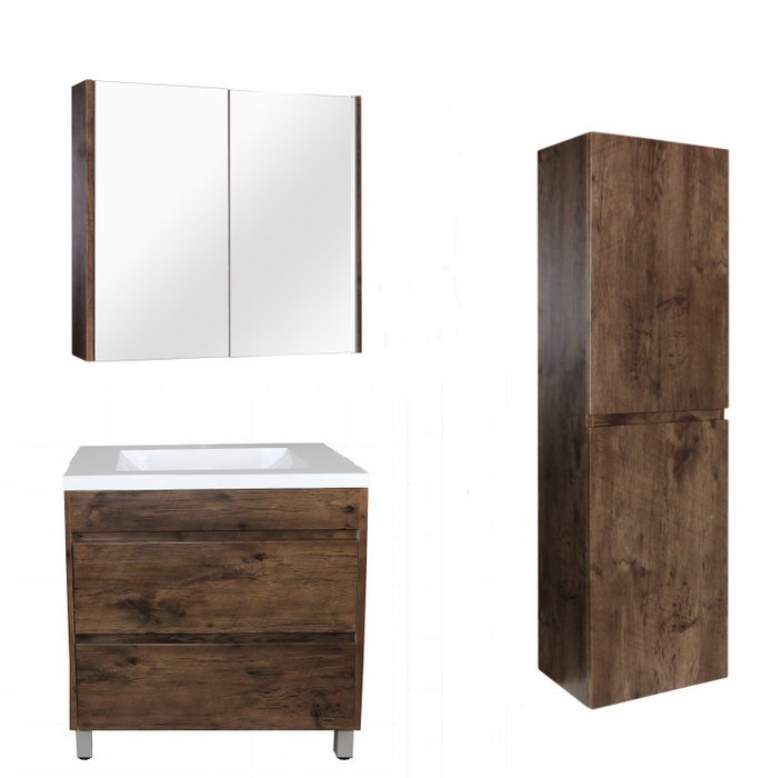 900mm Dark Oak Qubist MDF Freestanding With Legs Vanity With Ceramic Top With Shaving Cabinet and Tall Boy