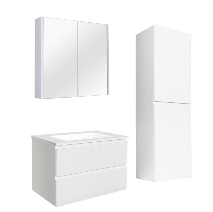 900mm Matte White Qubist MDF Wall Hung Vanity With Ceramic Top With Shaving Cabinet and Tall Boy