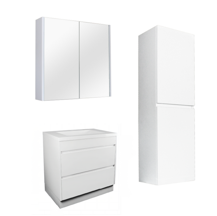 900mm Matte White Qubist MDF Freestanding With Kickboard Vanity With Ceramic Top With Shaving Cabinet and Tall Boy