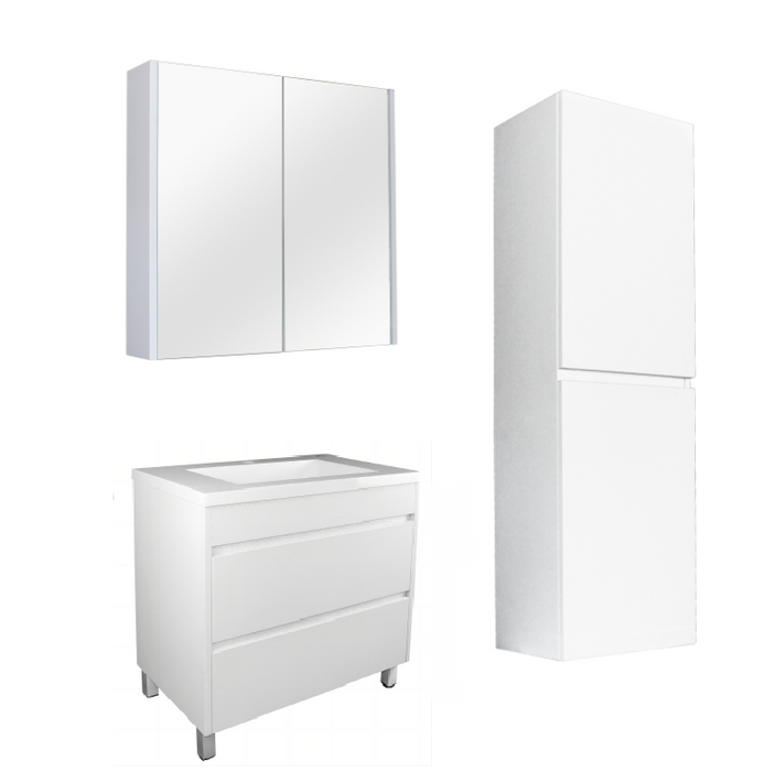 900mm Matte White Qubist MDF Freestanding With Legs Vanity With Ceramic Top With Shaving Cabinet and Tall Boy