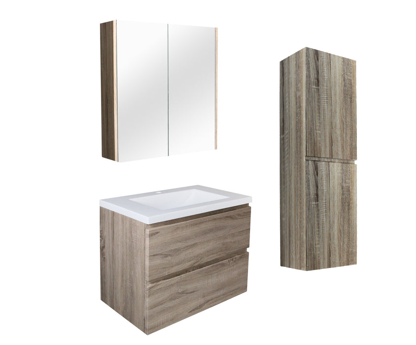 900mm White Oak Qubist MDF Wall Hung Vanity With Ceramic Top With Shaving Cabinet and Tall Boy