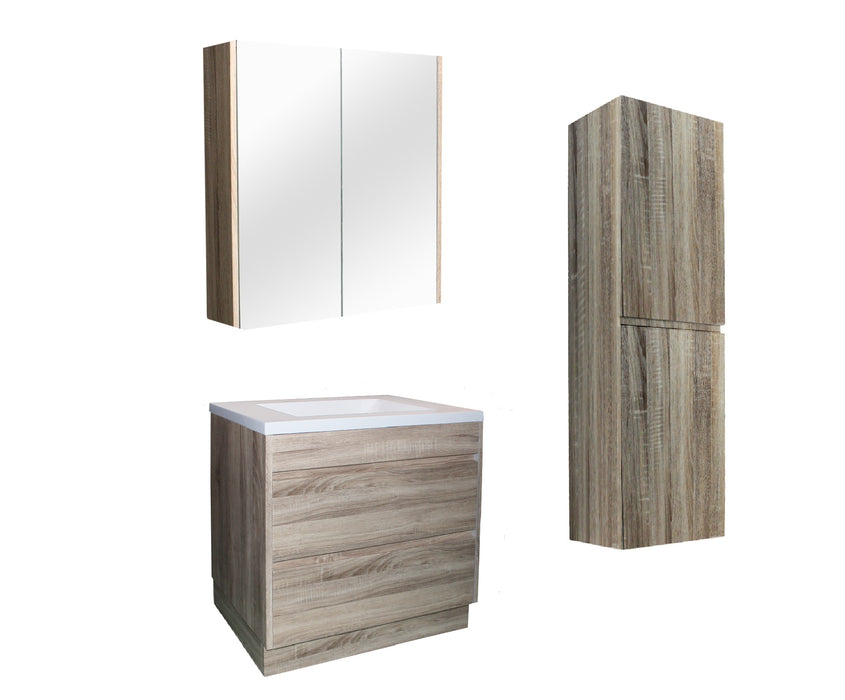 900mm White Oak Qubist MDF Freestanding With Kickboard Vanity With Ceramic Top With Shaving Cabinet and Tall Boy