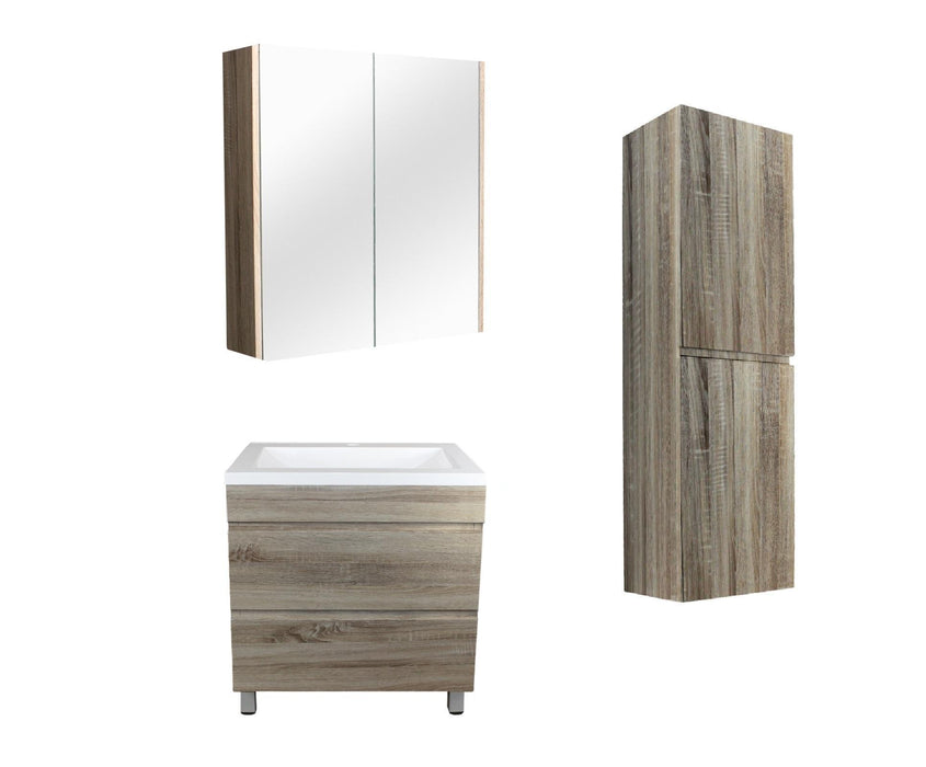 900mm White Oak Qubist MDF Freestanding With Legs Vanity With Ceramic Top With Shaving Cabinet and Tall Boy