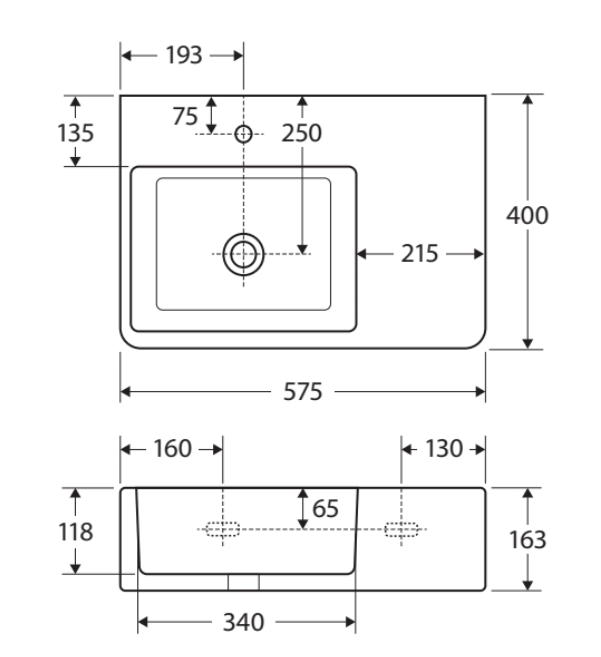 575*400*163mm FIE Delta Care Right-Hand/Left-Hand Wall Basin