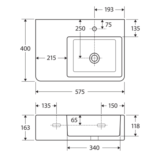 575*400*163mm FIE Delta Care Right-Hand/Left-Hand Wall Basin