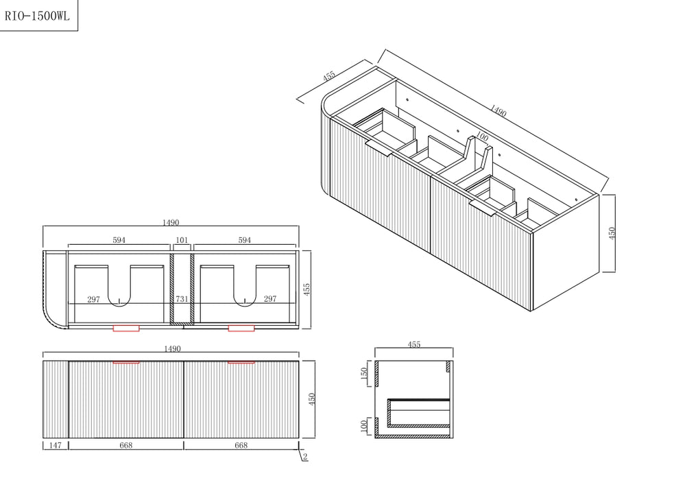 600-1500*455*450mm INF Rio Matt White High-Moisture Resistant R-Corner Wall Hung Vanity