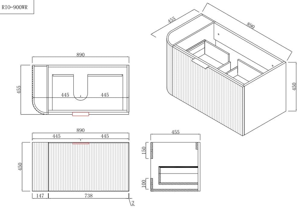 600-1500*455*450mm INF Rio Matt White High-Moisture Resistant R-Corner Wall Hung Vanity