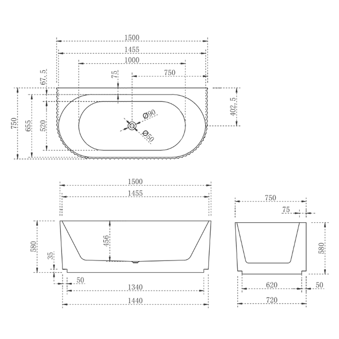 1500-1700*750*580mm Poseidon Brighton Groove Gloss White/Matt White Oval Acrylic Fluted Back To Wall Bathtub