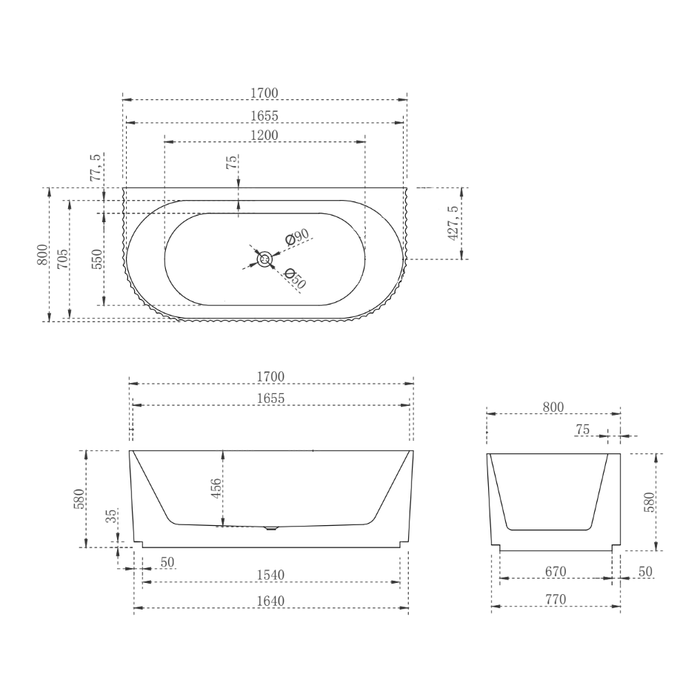 1500-1700*750*580mm Poseidon Brighton Groove Gloss White/Matt White Oval Acrylic Fluted Back To Wall Bathtub
