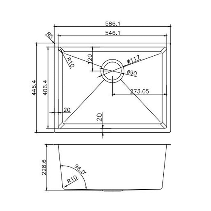 586x450x230mm Handmade Top/Undermount Single Bowl Kitchen Sink 304 Stainless Steel - HD reno
