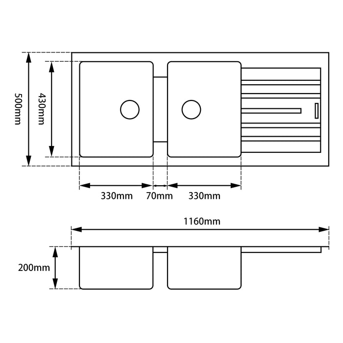 1160*500*200mm Black/White Granite Quartz Stone Sink Double Bowls Drainboard Kitchen Sink - HD reno