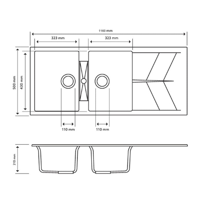 1160*500*210mm Carysil Double Bowl Drainer Board Granite Kitchen Sink