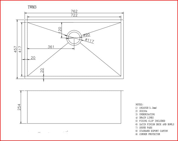 762x457x254mm ACA 1.2mm Handmade Single Bowl Top/Undermount Kitchen/Laundry Sink - HD reno