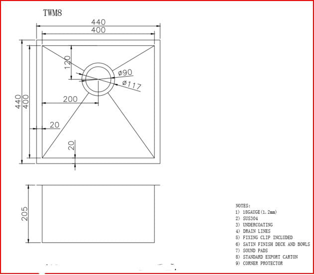 440x440x205mm ACA Satin 304 Stainless Steel Handmade Single Bowl Sink - HD reno