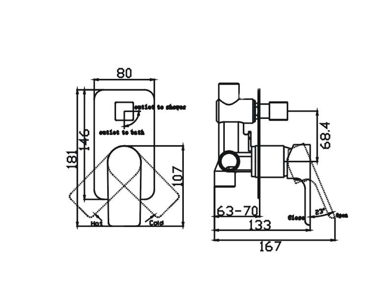 HC Sleek Black Rectangle Wall Mixer With Diverter