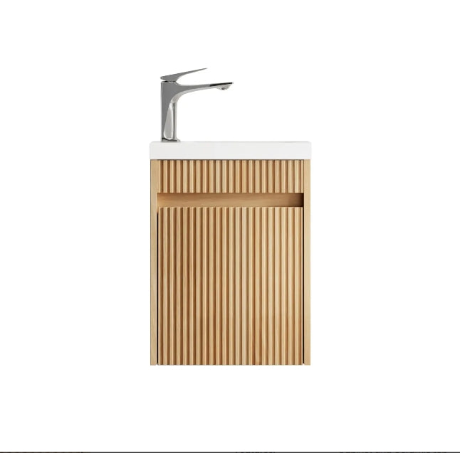410*540*260mm OTTI Mini Ensuite Timbergrain High Moisture Resistant Plywood Ceramic Top Woodland Oak Fluted Wall Hung Vanity