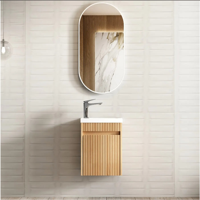 410*540*260mm OTTI Mini Ensuite Timbergrain High Moisture Resistant Plywood Ceramic Top Woodland Oak Fluted Wall Hung Vanity