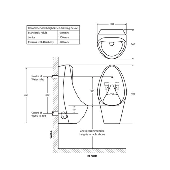670*340*340mm Fienza Isabella Gloss White Single Stall Back Inlet Urinal Kit with Zip FlushMaster