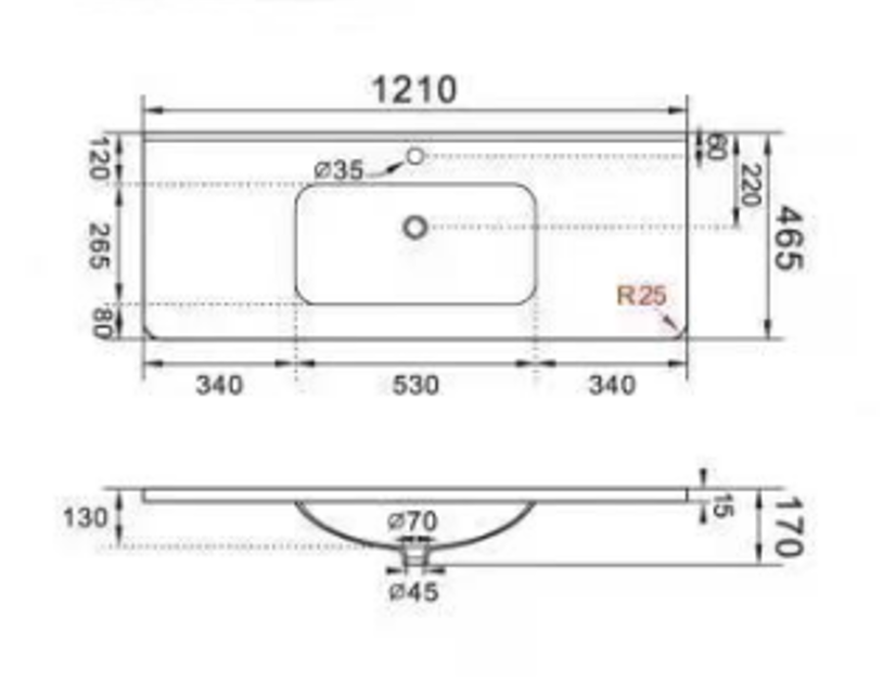 610-1210*465*170mm Round Corner Matt White Basin Ceramic Top