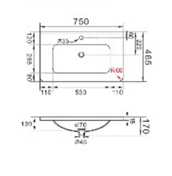 610-1210*465*170mm Round Corner Matt White Basin Ceramic Top