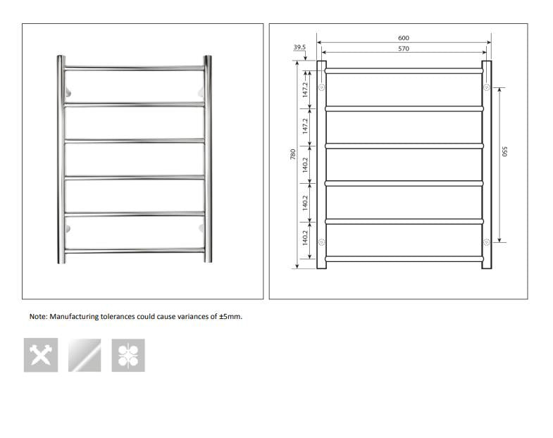 600*780*120mm Wall Mounted Stainless Steel Non-Heated Towel Rails - 6 Bar Hand-polished Mirror Finish