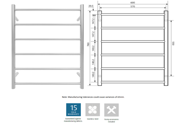 600*780*120mm Wall Mounted PVD 304 Stainless Steel Non-Heated Towel Rails - 6 Bar Round Brushed Stainless Steel