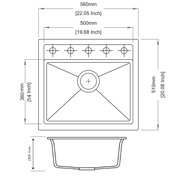 560*510*200mm ACA Carysil Single Bowl Granite Top/Flush/Under Mount Sink