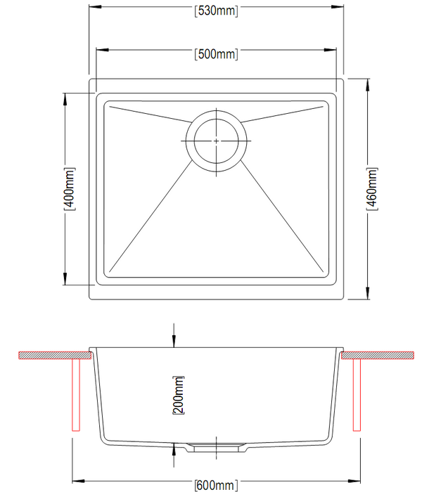 530*460*200mm ACA Carysil Black Single Bowl Granite Top/Flush/Under Mount Kitchen/Laundry Sink - HD reno