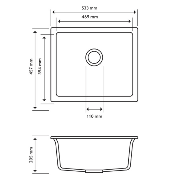 533*457*205mm ACA Carysil Single Bowl Granite Top/Flush/Under Mount Sink