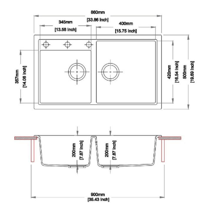 860*500*205mm Carysil Double Bowl Granite Kitchen Sink Top/Flush/Under Mount