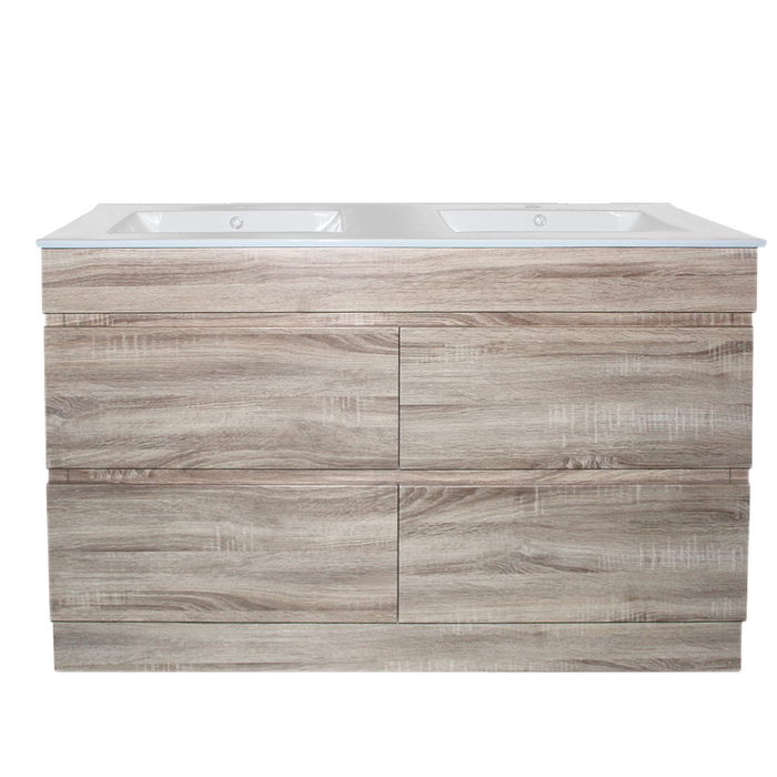 1200mm White Oak Qubist MDF Double Bowl Freestanding With Kickboard Vanity With Ceramic Top With Shaving Cabinet and Tall Boy