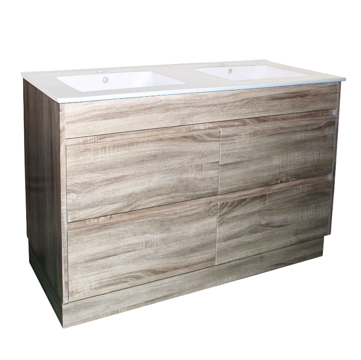 1500mm White Oak Qubist MDF Double Bowl Freestanding With Kickboard Vanity With Ceramic Top With Shaving Cabinet and Tall Boy