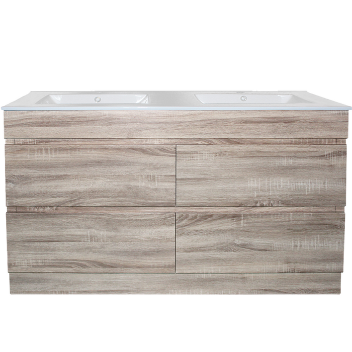 1500mm White Oak Qubist MDF Double Bowl Freestanding With Kickboard Vanity With Ceramic Top With Shaving Cabinet and Tall Boy