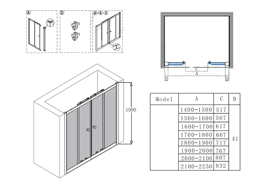 1400-2250*2000mm Wall to Wall Double Sliding Black Semi-frameless Shower Screens