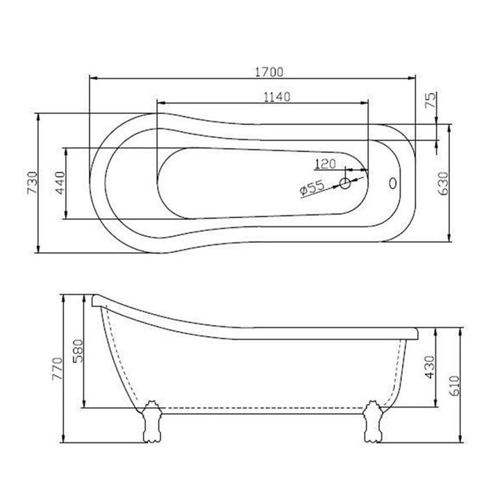 Roma BTA-LG1700 1700*730*770mm Bath Tub White Acrylic Freestanding Claw Feet Fibreglass No Overflow